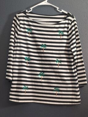 Striped Black & White Long Sleeve Coastal Grandma Tee with Green Palm Embroidery